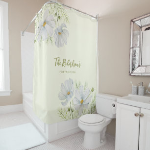 Rideaux De Douche Aquarelle Blanc Cosmos Fleurs Peinture Botanique