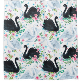 Rideaux De Douche Aquarelle blanc et noir lac de cygne transparent p