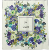 Rideaux De Douche Aquarelle bleu bleu violet vert marine Monogramme  (Devant)