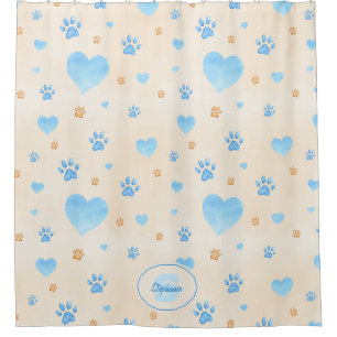 Rideaux De Douche Aquarelle Bleu Coeurs et Empreintes de pattes Moti
