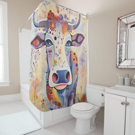 Rideaux De Douche Aquarelle Bleu coloré Whimsical Vache mousseuse (En situation)