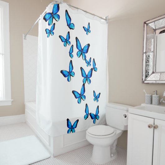 Rideaux De Douche Aquarelle bleu de papillon (En situation)