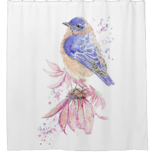 Rideaux De Douche Aquarelle Bleu Jardin Oiseau Animal Nature Art