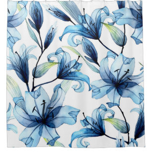Rideaux De Douche Aquarelle Bleu Lys Floral Impression