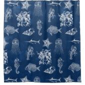 Rideaux De Douche Aquarelle bleu marine Océan Animaux marins (Devant)