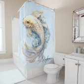 Rideaux De Douche Aquarelle bleu or Koi poisson personnalisé (En situation)