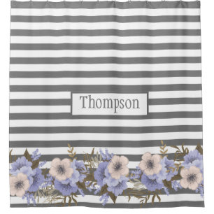Rideaux De Douche Aquarelle bleu-poussiéreux monogramme rayures flor
