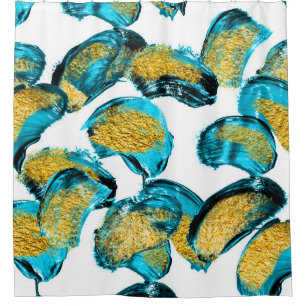 Rideaux De Douche Aquarelle bleu, turquoise, or art.