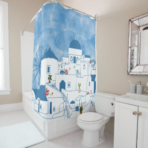 Rideaux De Douche Aquarelle bleue et blanche Santorin Grèce