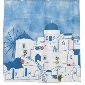 Rideaux De Douche Aquarelle bleue et blanche Santorin Grèce (Devant)