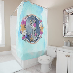 Rideaux De Douche Aquarelle bleue moderne florale nautique ancre