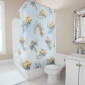 Rideaux De Douche Aquarelle bleue Or Blanc Koi Poisson Floral (En situation)