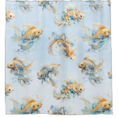 Rideaux De Douche Aquarelle bleue Or Blanc Koi Poisson Floral (Devant)