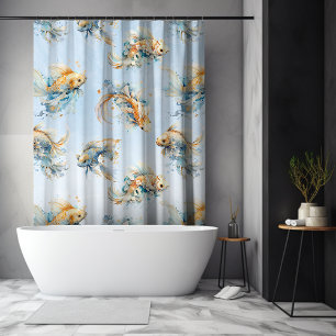 Rideaux De Douche Aquarelle bleue Or Blanc Koi Poisson Floral