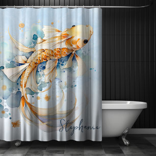 Rideaux De Douche Aquarelle bleue personnalisée Gold Koi Fish