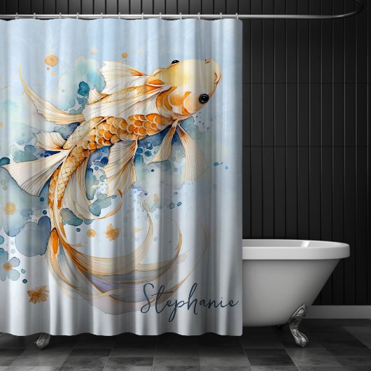 Rideaux De Douche Aquarelle bleue personnalisée Gold Koi Fish