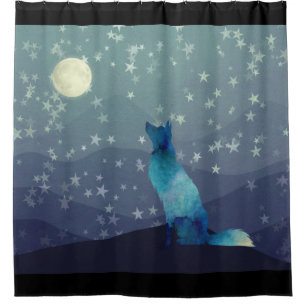 Rideaux De Douche Aquarelle bleue Regardez Wolf Stopper sur la lune