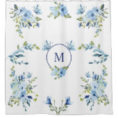 Rideaux De Douche Aquarelle bleue Roses Monogramme Floral (Devant)