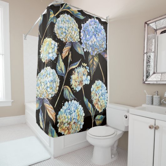 Rideaux De Douche Aquarelle Blue Hydrangea : Motif foncé sans couleu (En situation)