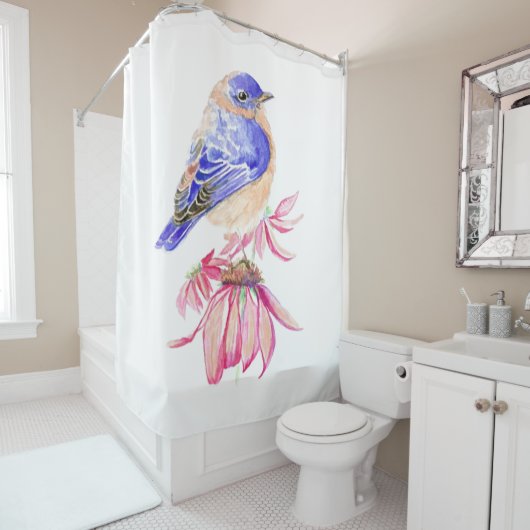 Rideaux De Douche Aquarelle Bluebird Conefer Bleu rose (En situation)