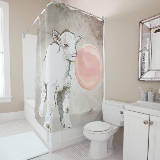 Rideaux De Douche Aquarelle Chèvre Bébé Blanc avec Bubblegum (En situation)