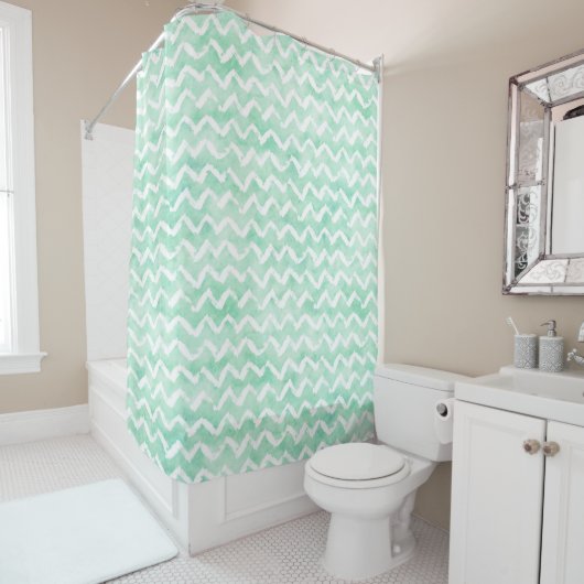 Rideaux De Douche Aquarelle Chic Mint Chevron Stripes (En situation)