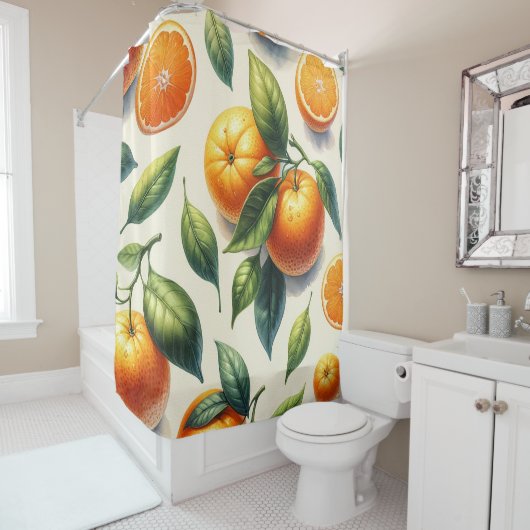 Rideaux De Douche Aquarelle Citrus Orange Feuilles (En situation)