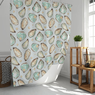 Rideaux De Douche Aquarelle côtière huître et Motif Pearl