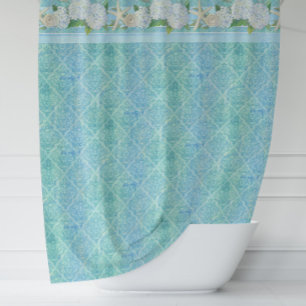 Rideaux De Douche Aquarelle Damask Beach Starfish Shell Hydrangeas