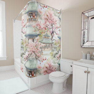 Rideaux De Douche Aquarelle de la pagode asiatique au milieu des fle