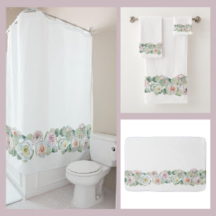 Rideaux De Douche Aquarelle délicate rose blanche rose feuille