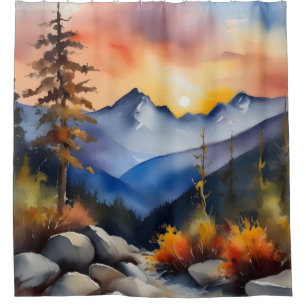 Rideaux De Douche Aquarelle du lever du soleil sur les montagnes enn