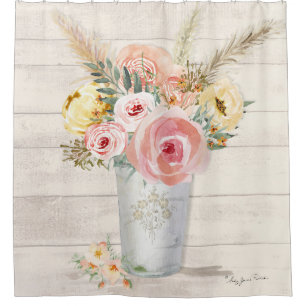 Rideaux De Douche Aquarelle en bois rustique Pampa rose floral