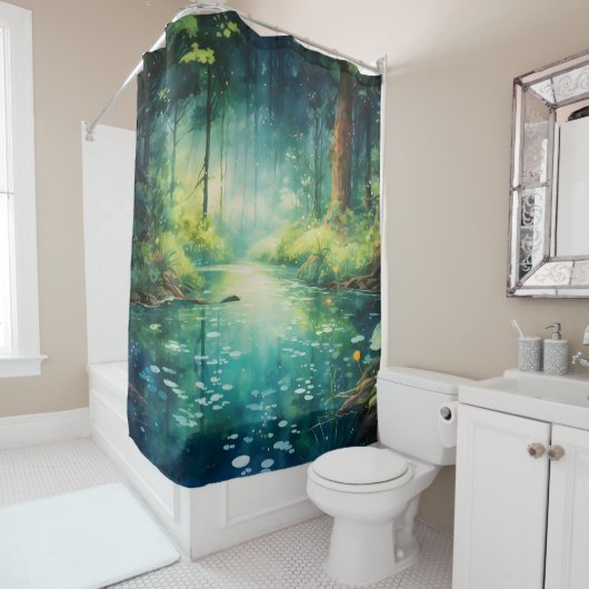 Rideaux De Douche Aquarelle Enchanted Forest Lake (En situation)