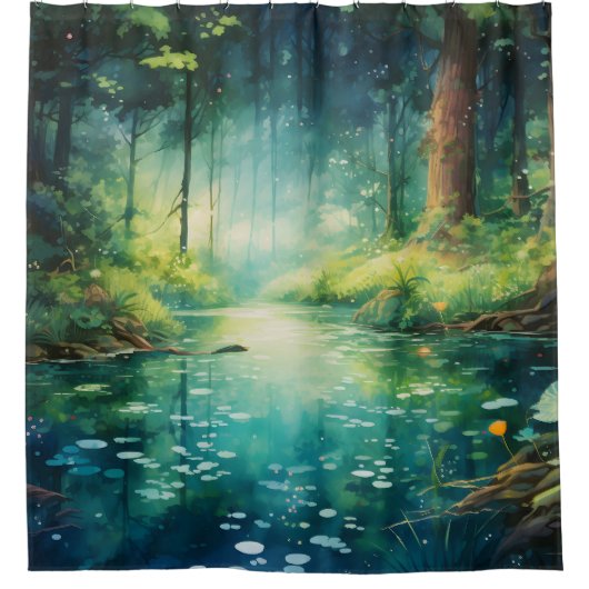 Rideaux De Douche Aquarelle Enchanted Forest Lake (Devant)