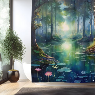 Rideaux De Douche Aquarelle Enchanted Forest Lake