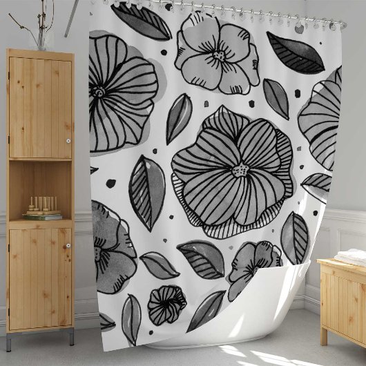 Rideaux De Douche Aquarelle et fleurs d'encre - noir et blanc