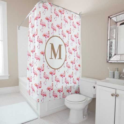 Rideaux De Douche Aquarelle Flamant rose rose tropicale | Monogramme (En situation)