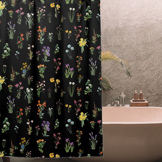 Rideaux De Douche Aquarelle fleur sauvage Floral botanique noir