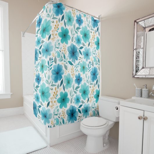 Rideaux De Douche Aquarelle Fleurs de printemps doux bébé bleu flora (En situation)