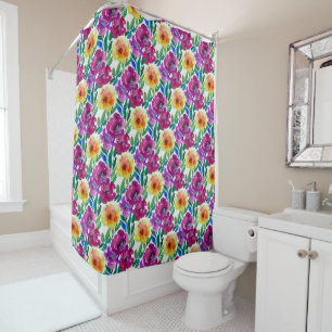 Rideaux De Douche Aquarelle Fleurs Maroon et Jaune