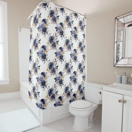 Rideaux De Douche Aquarelle florale bleu or (En situation)
