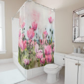 Rideaux De Douche Aquarelle florale Fleurs de pavot rose (En situation)