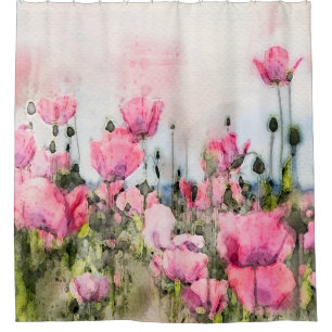 Rideaux De Douche Aquarelle florale Fleurs de pavot rose