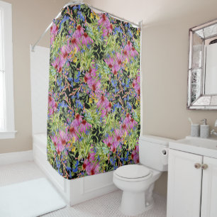 Rideaux De Douche Aquarelle Florale motif jaune vert rose