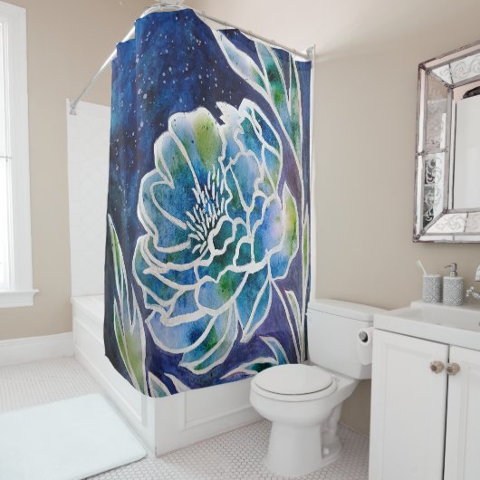 Rideaux De Douche Aquarelle florale Turquoise bleu Dahlia Navy (En situation)