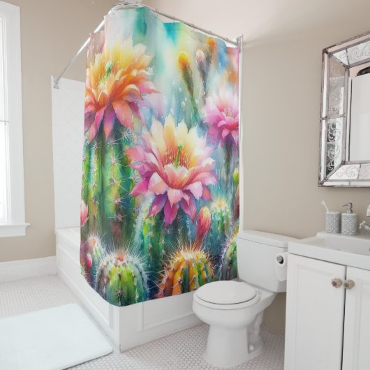 Rideaux De Douche Aquarelle Flower Cactus Succulents (En situation)
