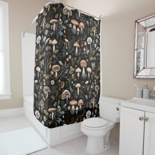 Rideaux De Douche Aquarelle Forêt Verdure Champignons Automne (En situation)