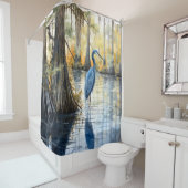 Rideaux De Douche Aquarelle Grand Héron Bleu Cypress Marécage (En situation)