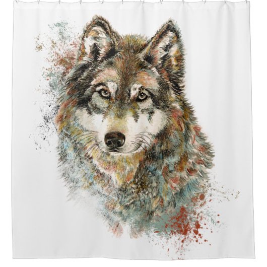 Rideaux De Douche Aquarelle Gris Loup Animal Faune Nature Art (Devant)